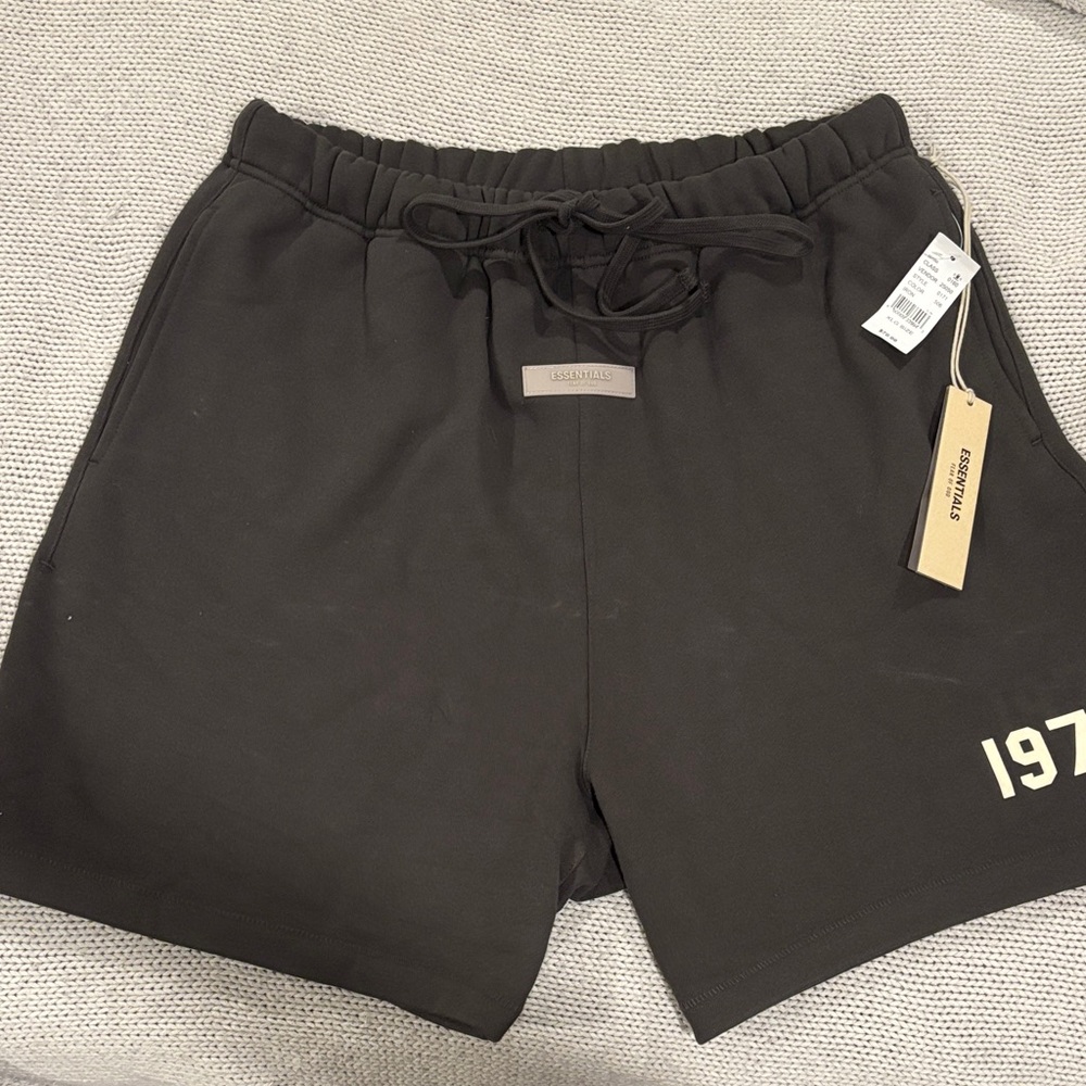 Essentials Black Drawstring Sweat Shorts with Ivory '1977' Accent